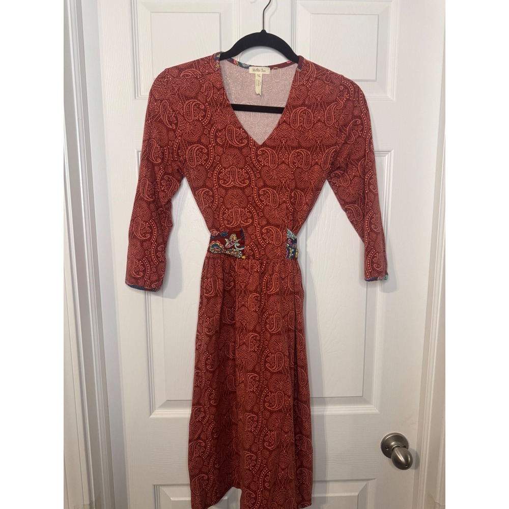 Matilda Jane Womens Rust Red Paisley V-Neck Dress 3/4 Sleeve Floral Tie Back XS